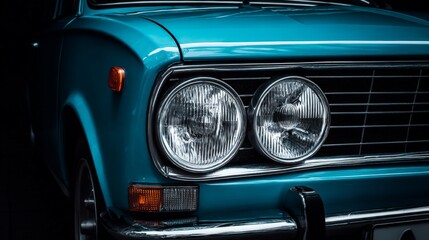 Teal Vintage Car Headlights Close Up