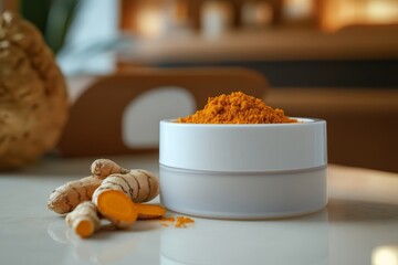 Photo of Turmeric cream in a white jar with turmeric powder and fresh turmeric on the side , spa room on background,Turmeric Extract ,  Generative AI
