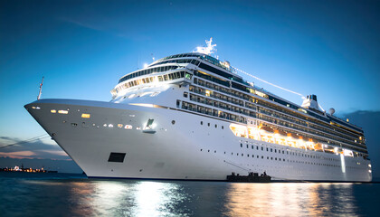 Close-Up of a Giant White Commercial Cruise Ship on the Ocean