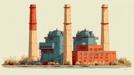 Obraz premium Vintage Industrial Power Plant Illustration with Three Smokestacks