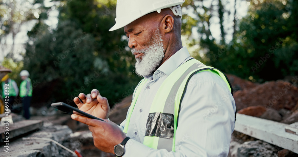 Poster building, development and phone with construction worker black man on site for communication or plan