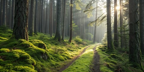 Obraz premium Sunlit Path Through a Lush Mossy Forest at Sunrise a Magical Scene of Tranquil Nature