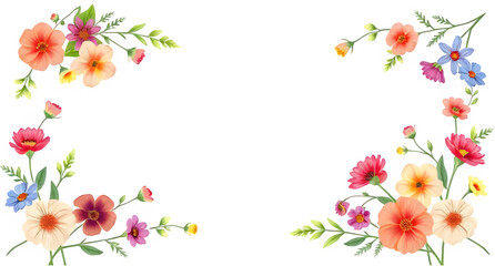 Vibrant Floral Frame PNG, Transparent Bloom Border Arrangement, Botanical Spring Overlay, Colorful Flower Illustration for Summer Wedding Invitation Cards