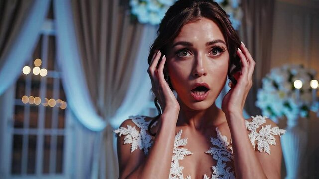 Dramatic bride gasping in elegant wedding venue with emotional expressions