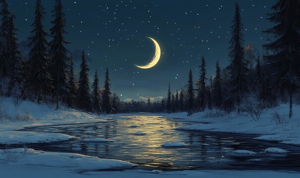 artistic depiction of a frozen river surrounded by tall evergreens, its icy surface reflecting the light of a crescent moon, Generative AI