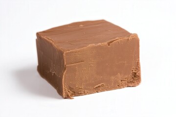 Close-up of thick chocolate fudge block on white background
