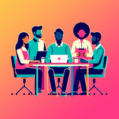 Team of professionals collaborating in office business meeting around round table using laptops and documents for corporate planning productivity communication and teamwork success