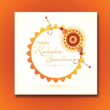 Happy Raksha Bandhan Font with Beautiful Rakhi (Wristband) on Orange Background.