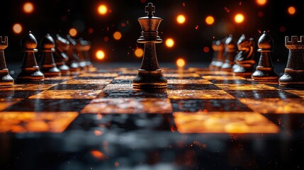 King chess piece on dark board, fire background.