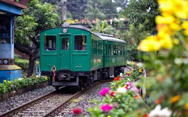 Fototapeta premium Spring Darjeeling, West Bengal ,Himalayan spring bloom, India Green train travels through flowered park