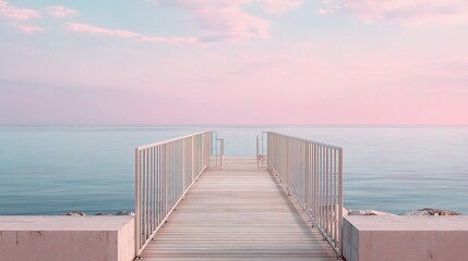 Fototapeta premium Minimalist Coastal Boardwalk Leading to Serene Sea at Dusk
