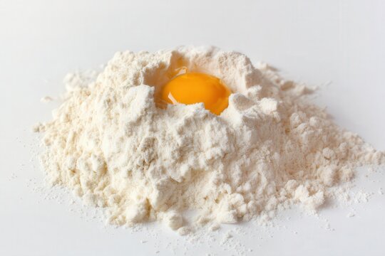 Pile of flour with cracked egg in center on a plain white background - Powered by Adobe