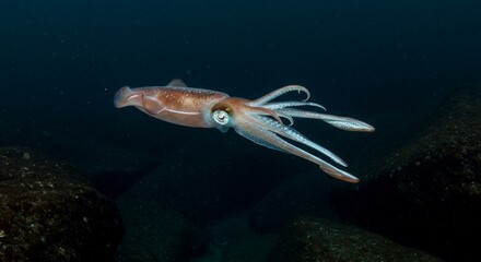 Enigmatic squid drifts through the inky depths of the ocean landscape