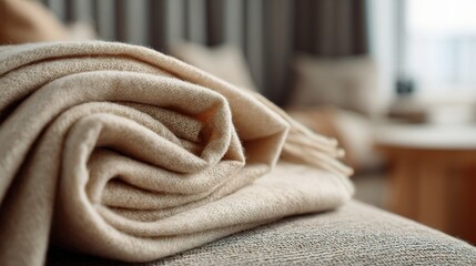 Soft Focus Close-Up of Beige Wool Textiles Folded Neatly Displayed
