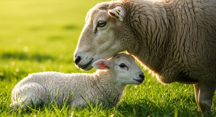 Naklejka premium Affectionate sheep family bonding in a sunlit green meadow pastoral scene