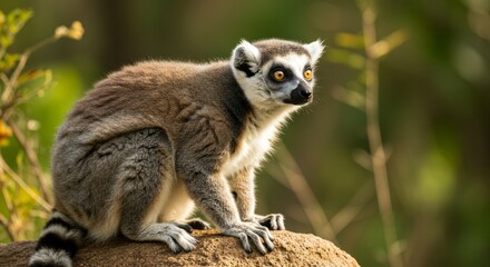 Obraz premium Ring-tailed lemur portrait with its distinctive banded tail and striking yellow eyes, posing in a wildlife sanctuary on a blurred background