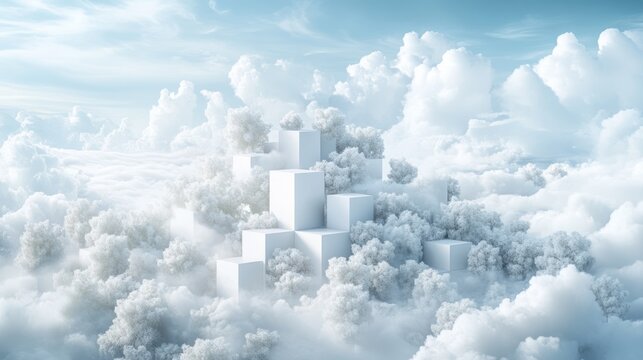 White cubic structures nestled amidst fluffy cloudscapes.
