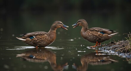 Pair of mallard ducks facing each other in a serene water setting