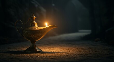 Golden magic lamp glowing in the dark cave, mysterious object concept in the mystic place, antique magical instrument