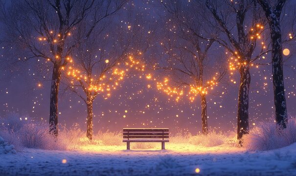 serene depiction of a snow-covered park bench under softly glowing string lights, surrounded by tall frosted trees, Generative AI