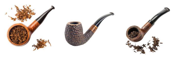Set of Beautifully detailed close-up of a smoking pipe on a rough wooden table, with smoke rising into the air, and a crisp on transparent png background. Ai generated