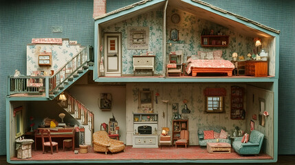 Detailed miniature dollhouse interior, displaying rooms and furniture.
