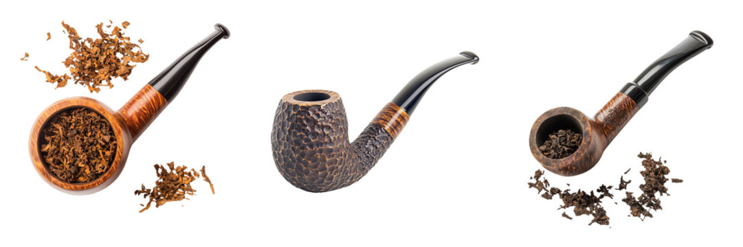 Set of Beautifully detailed close-up of a smoking pipe on a rough wooden table, with smoke rising into the air, and a crisp on transparent png background. Ai generated