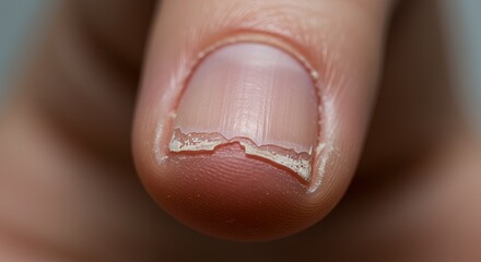 Close-up Image of a Damaged Fingernail: A Detailed View of a Broken, Peeling Nail