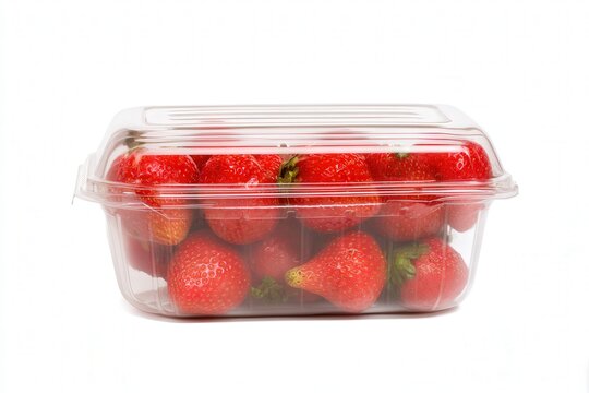 Fresh ripe strawberries in clear plastic clamshell container
