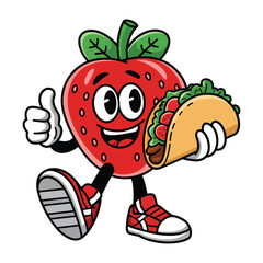 Obraz premium Cute happy strawberry character wear sunglasses. Funny strawberry greet friend cartoon emoticon in flat style. Fruit emoji vector illustration