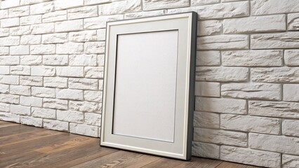 Modern Vertical Picture Frame Mockup Leaning on White Brick Wall with Wooden Floor for Clean Product Display Art Print Poster Template or Scandinavian Interior Presentation
