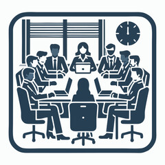 Office employees in business meeting working together in team planning discussing ideas around desk using laptops and documents for strategic collaboration