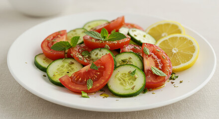 Fresh Tomato And Cucumber Salad On White Plate Garnished With Mint And Lemon Slices