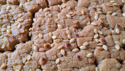 Brown dessert with seeds and a textured surface.