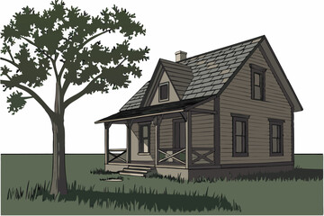 199 a rustic old wooden house in a field, with a covered porch, a grey shingled roof, and a mature tree in the foreground, detailed photorealistic, cinematic lighting, 8k, sharp focus