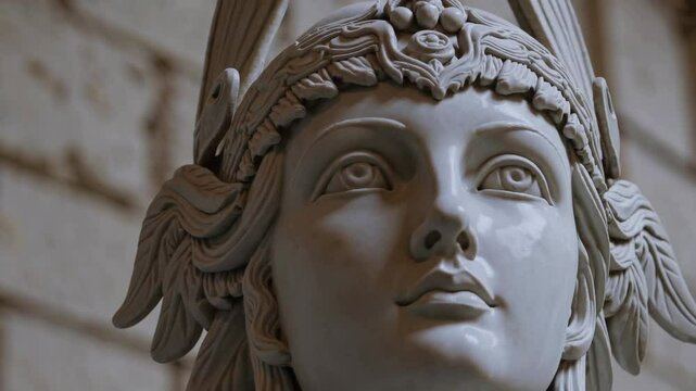 Elegant marble statue gazes upward against historic brick wall in timelapse