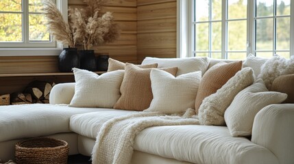 Living Room Interior with Sectional Sofa, Pillows, and Pampas Grass