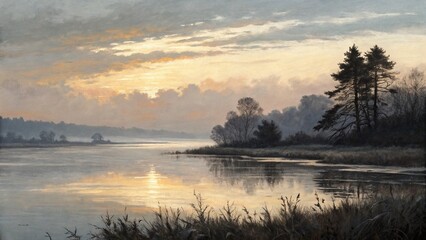 Fototapeta premium Serene Morning Lake Landscape with Misty Shoreline and Golden Sky Reflection