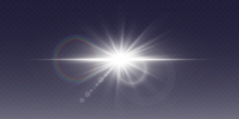 White glowing light with rays of light. On a transparent background.