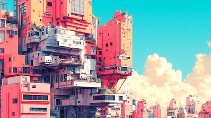Colorful, futuristic cityscapes with pastel hues and floating buildings.