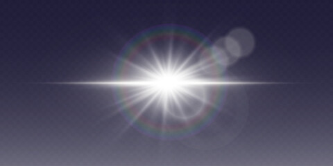 White glowing light with rays of light. On a transparent background.