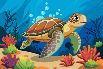 Sea turtle splashes on the seabed with corals wallpaper