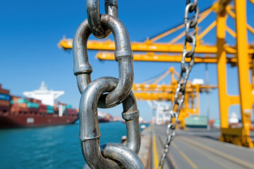 Close up of metal chain link at shipping dock, showcasing industrial environment and vibrant colors
