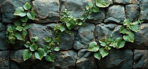 Stone Wall with Lush Green Vines: A Serene Nature Photography
