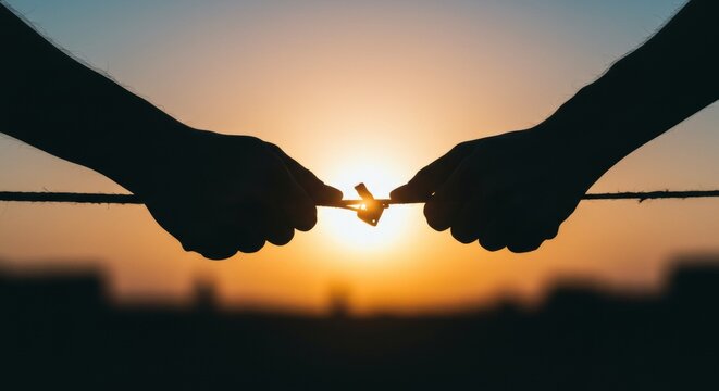 Tying the knot against a sunset, symbolize commitment and union