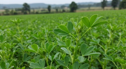 Lush alfalfa field with vibrant green foliage under a serene cloudy sky