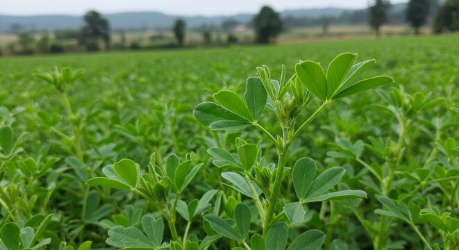 Lush alfalfa field with vibrant green foliage under a serene cloudy sky