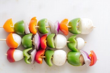 Assorted raw vegetable skewers with bell peppers and onions on white background