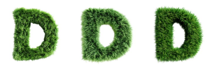 Set of High-detail image of a capital D made from green turf, with visible grass blades and depth, against on transparent png background. Ai generated