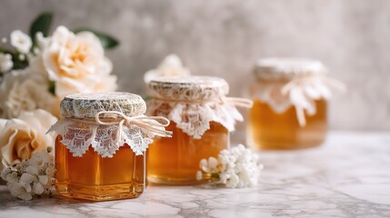 Beautiful Glass Jars with Lace Lids for Wedding Honey Favors
